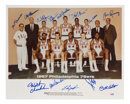 1967 NBA Champion Philadelphia 76ers Team Signed 16x20 Photo with 12 Signatures Including Wilt Chamberlain